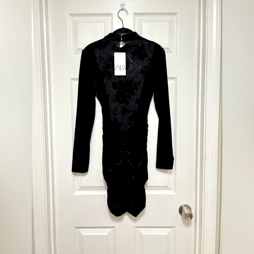 Zara Black Velvet Mini Dress with Lace Accent - Picture 6 of 9